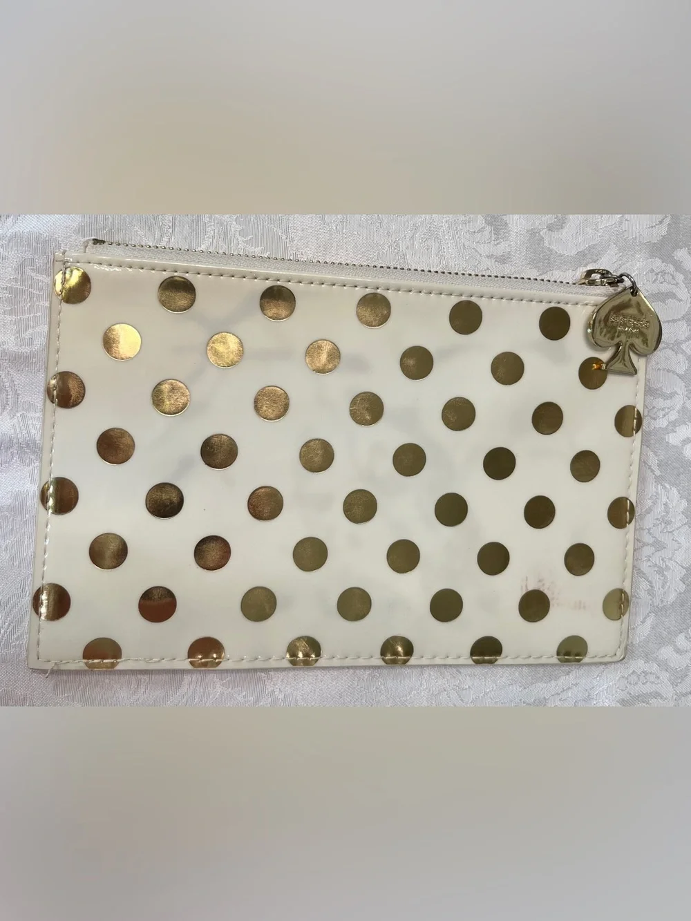Kate Spade Cream and Gold Polka Dot Zip Pouch with Gold Spade Charm